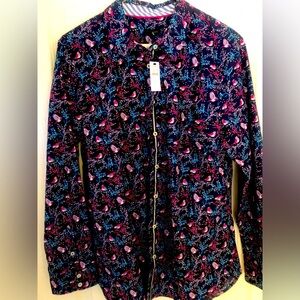 Talbot’s long-sleeve, button-down shirt. Navy multi-color bird print. NWT.